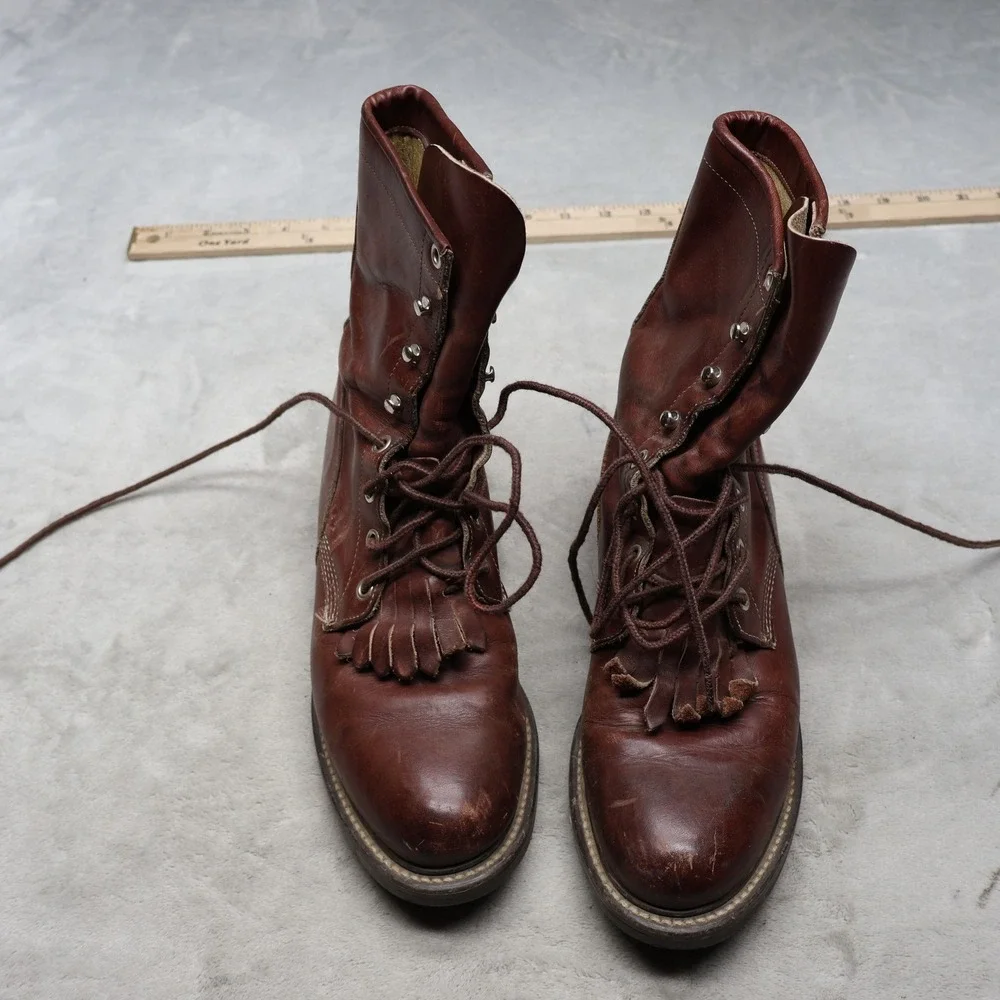 Justin‎ Mens 7.5B Roper Boots Red Leather Lace Up Kiltie Rugged Workwear VTG USA